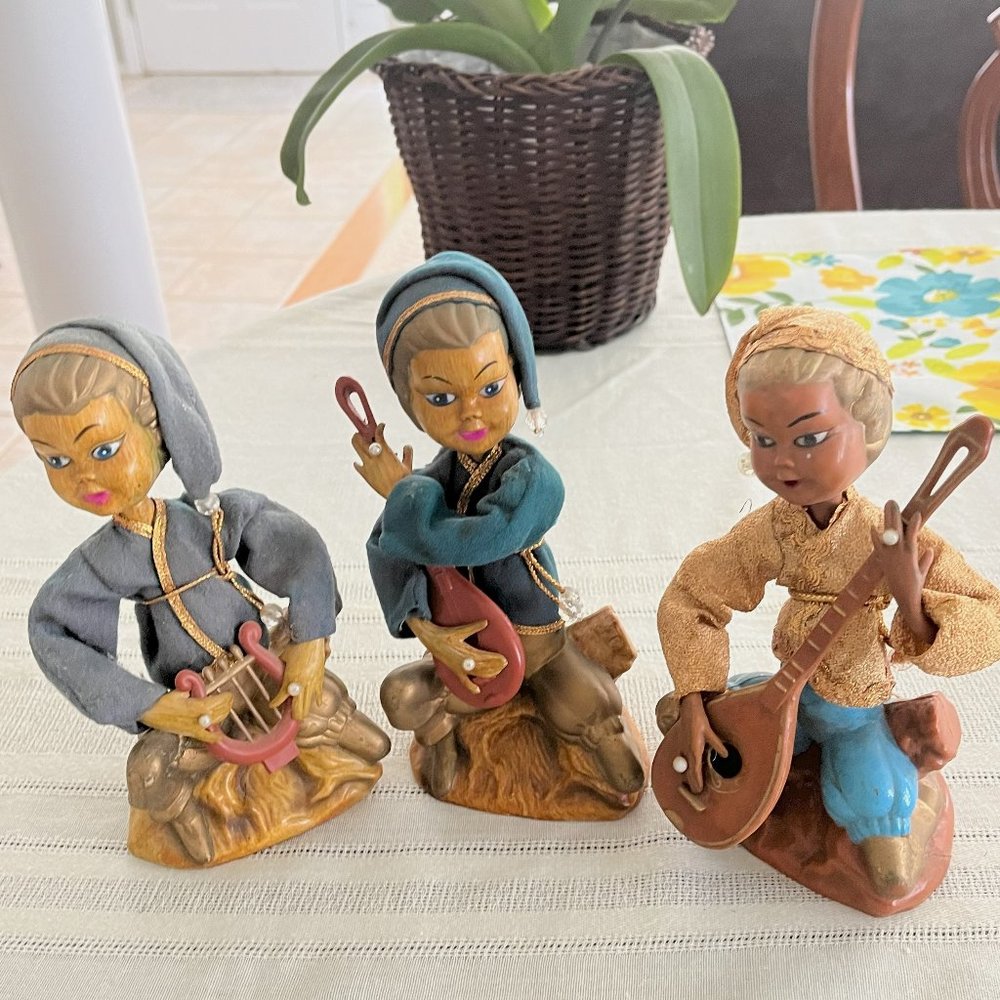 1950’s Tilso 3 Elf Pixie Golden Fantasy Playing Musical Instrument 7.5” Figurine